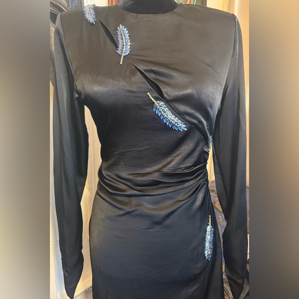 ZARA NEW LEAF SATIN EFFECT DRESS CUT OUT LONG MAXI FITTED SIZE M